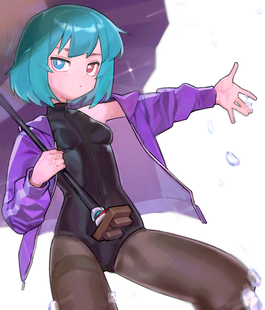 absurdres black_leotard black_pantyhose blue_eyes blue_hair breasts closed_mouth commission female heterochromia highres holding holding_umbrella jacket leotard long_sleeves looking_at_viewer open_clothes open_jacket pantyhose purple_jacket red_eyes saaal653 short_hair simple_background small_breasts solo sparkle tatara_kogasa touhou umbrella water_drop white_background