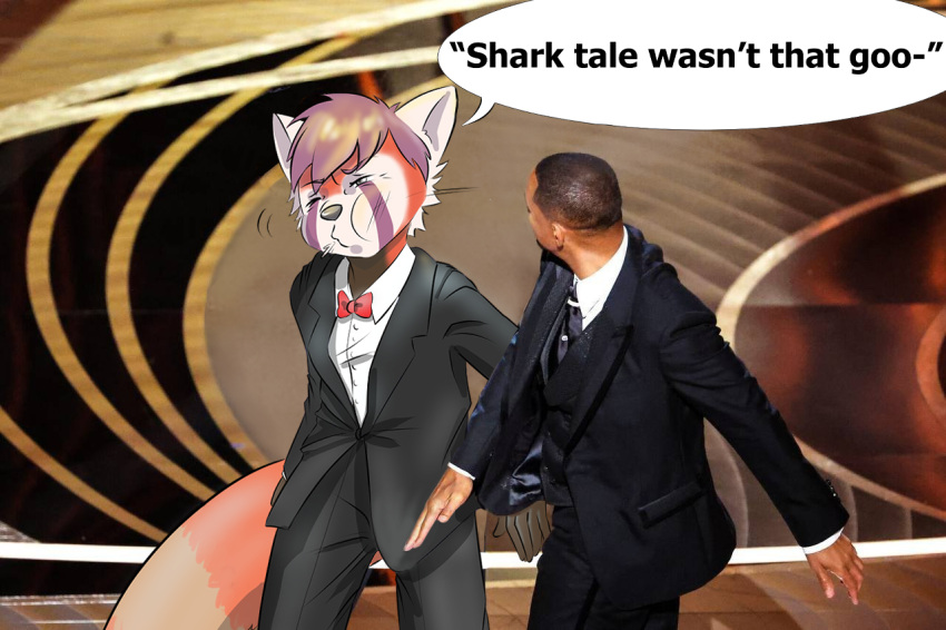 ailurid anthro bow_tie clothed clothing dialogue duo english_text face_slap humanoid male mammal meme nonbinary_(lore) red_panda rustypawz smack suit text violence will_smith will_smith_slapping_chris_rock