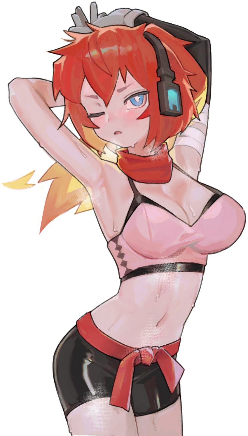 absurdres armpits arms_up bandaged_arm bandages black_gloves black_shorts blonde_hair blue_eyes blush breasts cleavage commission elbow_gloves female gloves headphones highres large_breasts long_hair looking_at_viewer midriff one_eye_closed orange_hair original parted_lips pink_sports_bra ponytail red_eyes red_hair saaal653 short_shorts shorts simple_background single_elbow_glove solo sports_bra sweat white_background