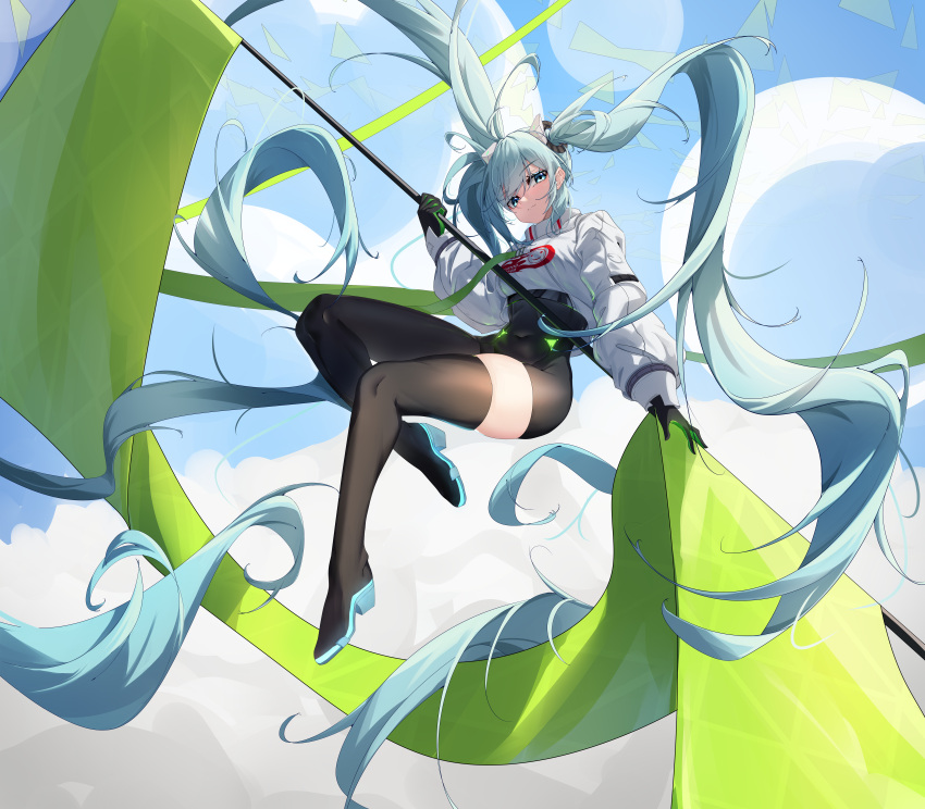 18301639225 :3 absurdly_long_hair absurdres aqua_eyes black_bodysuit black_gloves blue_sky bodysuit boots breasts chinese_commentary cloud commentary_request covered_navel cropped_jacket female flag floating full_body gloves goodsmile_racing green_flag hair_ornament hatsune_miku high_heels highres holding holding_flag long_hair long_sleeves looking_at_viewer race_queen racing_miku racing_miku_(2022) sky solo thigh_boots twintails two-tone_gloves very_long_hair vocaloid