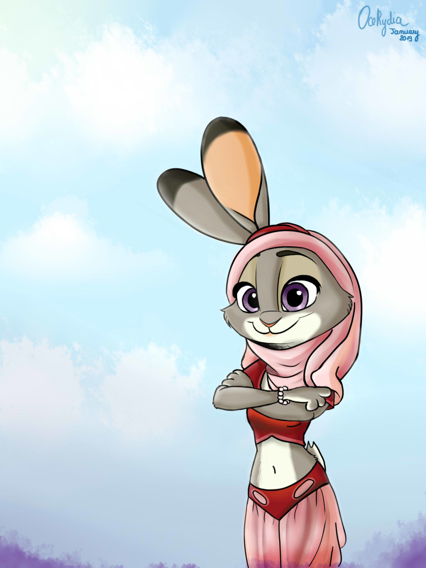 2019 3:4 anthro arabian_clothing belly_dancer breasts cheek_tuft clothed clothing dipstick_ears disney ear_markings facial_tuft female fur genie grey_body grey_fur harem_outfit head_covering hi_res i_dream_of_jeannie jeannie judy_hopps lagomorph leporid mammal midriff multicolored_ears navel ocerydia purple_eyes rabbit scut_tail short_tail signature smile solo tail tuft zootopia