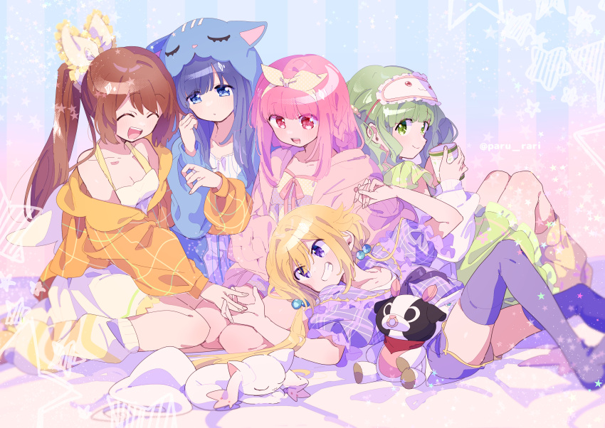 5girls absurdres animal_ears arm_warmers bare_shoulders bed blonde_hair blue_background blue_cardigan blue_eyes blue_hair blunt_bangs bow breasts brown_hair cable_knit cardigan cleavage closed_eyes coffee_mug collarbone commentary_request cup dolphin_shorts dress fake_animal_ears feet_out_of_frame fingernails frilled_bow frills full_body futaba_sana gold_trim gradient_background green_eyes green_hair grin hair_between_eyes hair_bobbles hair_ornament hairbow halter_dress halterneck highres holding holding_cup holding_hands hood hood_up hoodie interlocked_fingers jacket jewelry knees_up kyuubee laughing leg_warmers legs_together light_particles locked_arms low_twintails lying magia_record:_mahou_shoujo_madoka_magica_gaiden mahou_shoujo_madoka_magica medium_breasts mitsuki_felicia mug multiple_girls nanami_yachiyo on_back on_bed open_mouth orange_jacket partially_unzipped paru_rari pink_background pink_cardigan pink_eyes pink_hair plaid plaid_hoodie plaid_jacket polka_dot polka_dot_bow ponytail purple_eyes purple_hoodie purple_legwear purple_shorts ring shorts simple_background sitting sleep_mask sleepwear small_kyubey smile star_(symbol) striped striped_background stuffed_animal stuffed_cow stuffed_toy tamaki_iroha teeth thighhighs twintails twitter_username upper_teeth_only vertical_stripes wavy_hair white_dress yellow_bow yui_tsuruno zettai_ryouiki