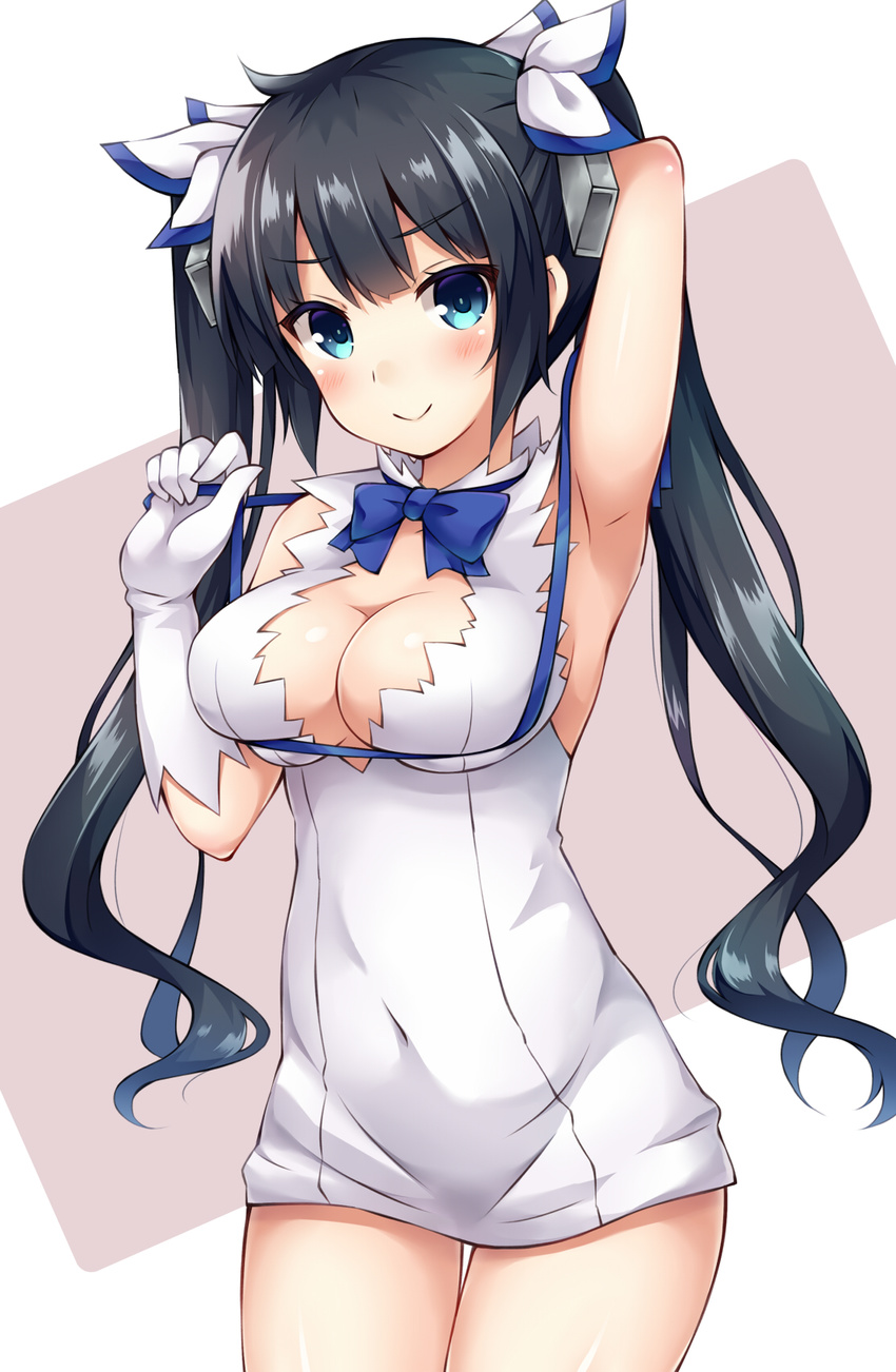 black_hair blue_eyes blue_ribbon breasts cleavage commentary_request dress dungeon_ni_deai_wo_motomeru_no_wa_machigatteiru_darou_ka female gloves hestia_(danmachi) highres long_hair looking_at_viewer medium_breasts pencil_dress rei_no_himo ribbon solo suna_(transports) twintails