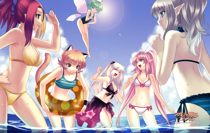 2010 6+girls agarest_senki_(series) agarest_senki_zero alice_(agarest_senki_zero) animal_ears apri_(agarest_senki_zero) bikini blonde_hair blue_eyes breasts brown_eyes brown_hair cat_ears cat_tail cleavage company_name copyright_name dana_(agarest_senki_zero) day fairy flying front-tie_top green_hair grey_hair highres hirano_katsuyuki innertube lens_flare long_hair medium_breasts mimel_(agarest_senki_zero) multicolored_hair multiple_girls navel official_art outdoors pink_hair pointy_ears ponytail print_sarong purple_eyes purple_sarong red_hair sarong school_swimsuit shading_eyes shernini_(agarest_senki_zero) short_hair side-tie_bikini_bottom smile streaked_hair striped_bikini striped_clothes swim_ring swimsuit tail tankini tetra_(agarest_senki_zero) two-tone_hair very_long_hair wading water wet white_hair wristband