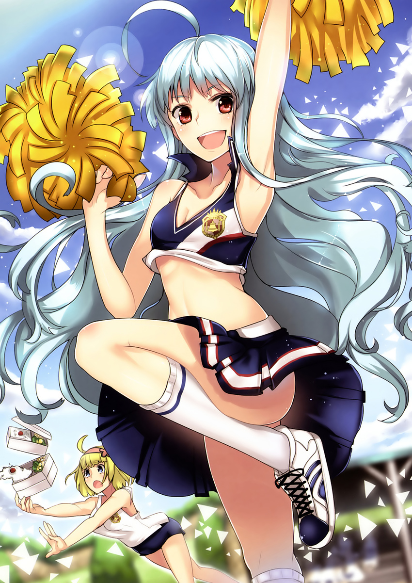 2girls aliasse blonde_hair blue_eyes cheerleader cosette_coalhearth food highres long_hair multiple_girls red_eyes senjou_no_valkyria short_hair silver_hair valkyria_chronicles valkyria_chronicles_duel