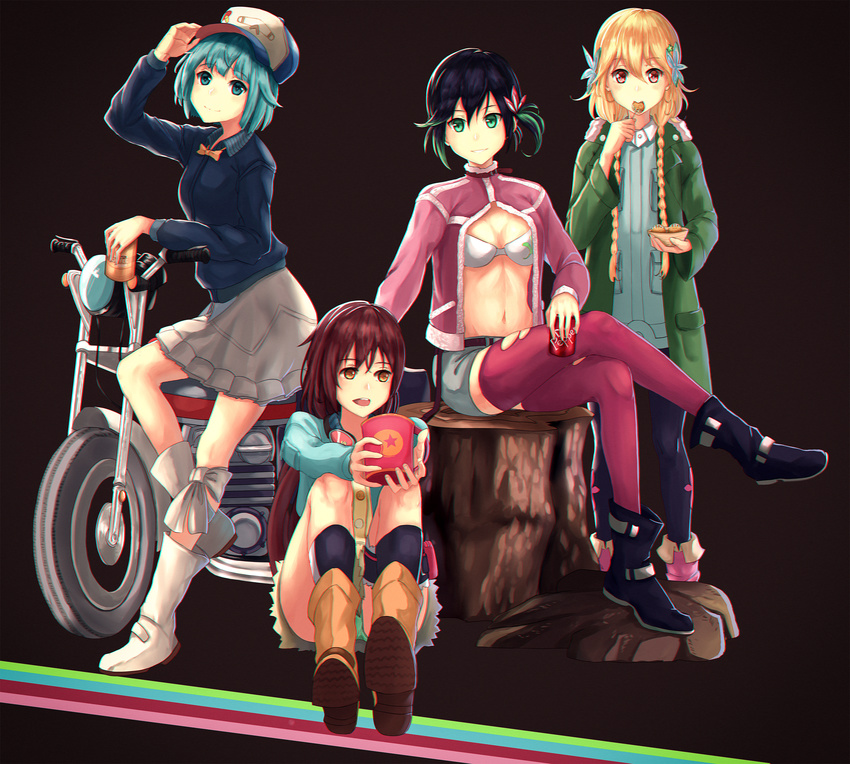 4girls bad_id bad_pixiv_id black_hair black_legwear blonde_hair blue_eyes blue_hair boots braid breasts brown_eyes brown_hair bustier can cleavage coat crossed_legs cup dr_pepper drink_can eating full_body fur_trim goggles goggles_around_neck green_hair green_panties hair_ornament hat hibiki_ai highres holster jacket kneehighs kosaka_yukina long_hair looking_at_viewer medium_breasts misono_chiaya moritomo_nozomi motor_vehicle motorcycle mug multicolored_hair multiple_girls open_clothes open_jacket open_mouth panties pantyhose pantyshot peaked_cap photoshop_(medium) purple_legwear red_eyes short_hair short_shorts shorts side_ponytail sitting skirt smile socks soda_can the_rolling_girls thigh_holster thighhighs torn_clothes torn_thighhighs tree_stump twin_braids underwear winter_clothes winter_coat yuanjiyousheng