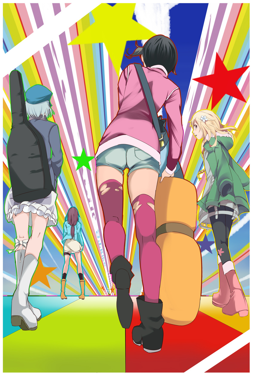 4girls absurdres ass black_hair black_legwear blonde_hair boots braid bridal_garter brown_hair bunbun_(midukikome) carrying colorful commentary_request flower frilled_skirt frills from_behind from_below full_body hair_flower hair_ornament hat hibiki_ai highres jacket kneehighs kneepits kosaka_yukina long_hair looking_at_another looking_back low-tied_long_hair misono_chiaya moritomo_nozomi multiple_girls outline pantyhose purple_legwear short_hair short_shorts shorts side_ponytail silver_hair skirt socks star_(symbol) the_rolling_girls thighhighs torn_clothes torn_thighhighs walking yellow_eyes