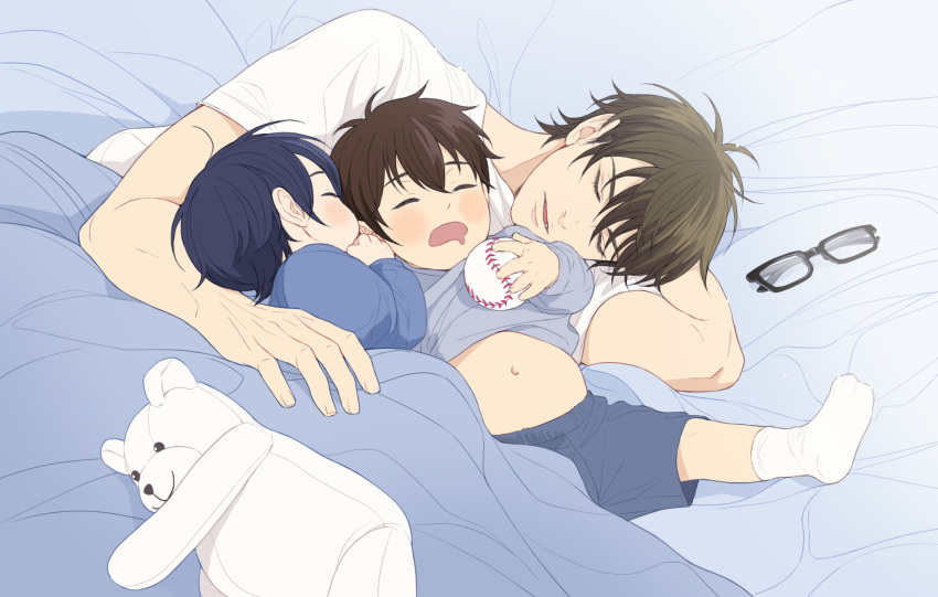 3boys ace_of_diamond baby ball bed black_hair blanket brown_hair closed_eyes clothes_lift fatherly furuya_satoru glasses highres holding holding_ball lying male_focus miyuki_kazuya multiple_boys navel on_bed on_side open_mouth sawamura_eijun shirt shirt_lift short_hair shorts sleeping sleeping_on_person smile socks stuffed_animal stuffed_toy teddy_bear twoframe under_covers unworn_eyewear