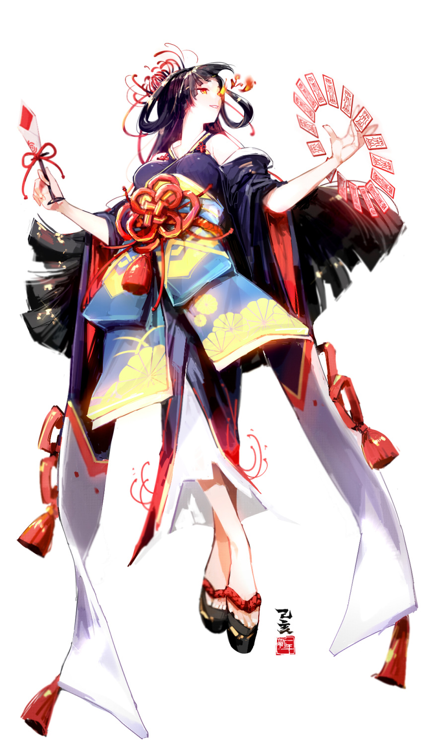 black_hair ejami female flower full_body graphite_(medium) hair_flower hair_ornament higanbana_(onmyoji) highres japanese_clothes long_hair ofuda onmyoji simple_background solo traditional_media very_long_hair white_background