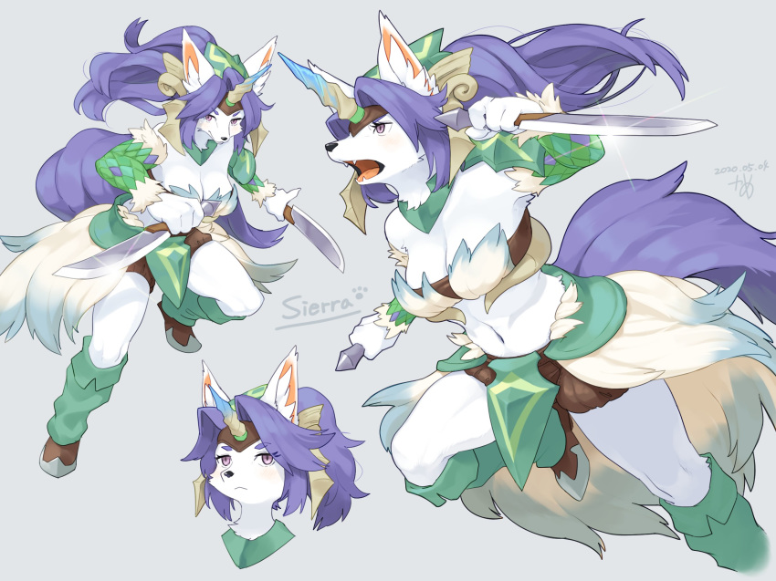 2020 4_fingers anthro big_breasts blush breasts canid canine canis cleavage clothed clothing dagger ear_tuft english_text female fingers footwear fur grey_background hair hi_res kame_3 kemono legend_of_mana long_hair mammal mana_(series) melee_weapon navel open_mouth purple_eyes purple_hair sierra_(mana) simple_background snout solo square_enix teeth text tongue tuft weapon white_body white_fur wolf