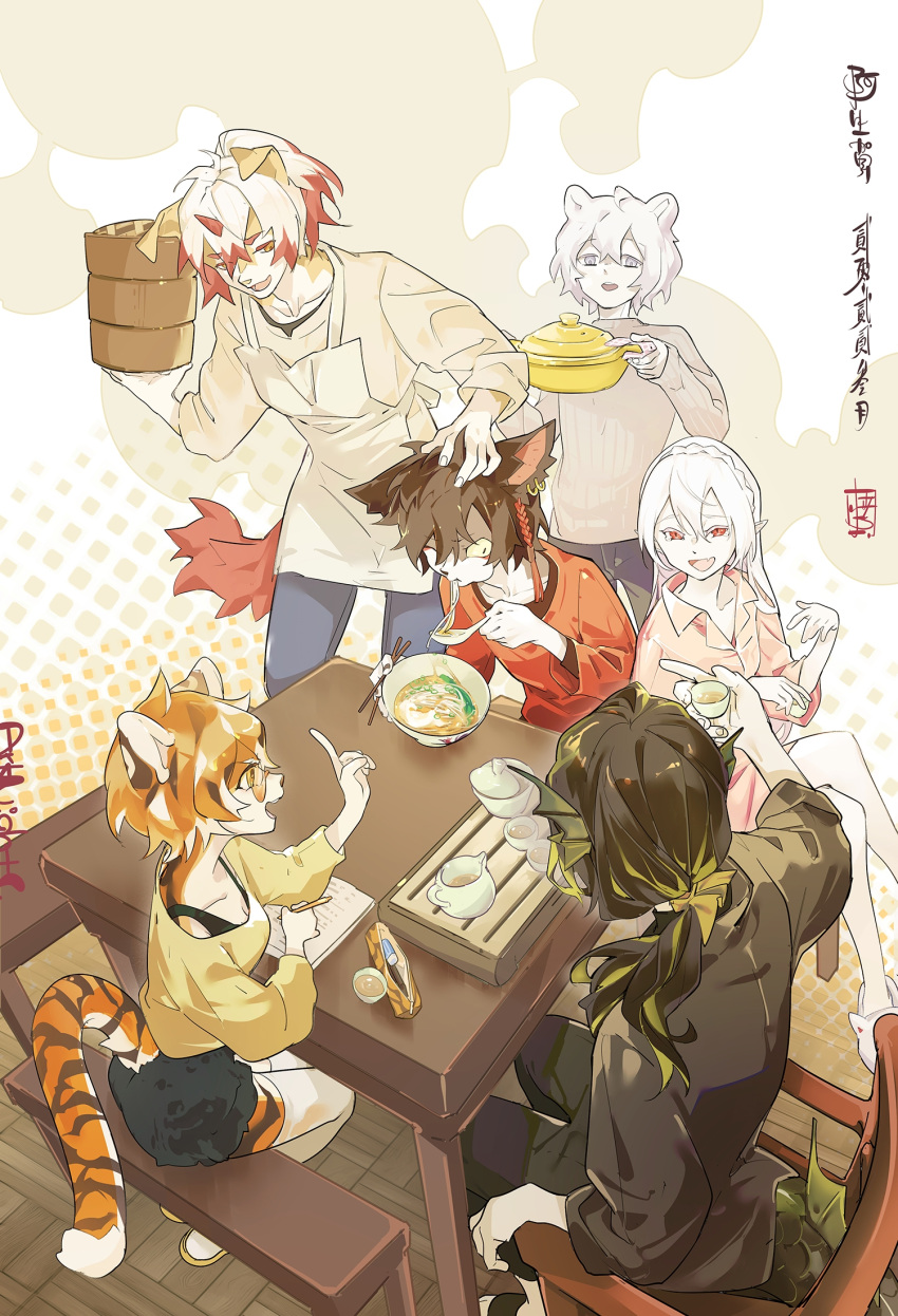 2girls 4boys aak_(arknights) abstract_background alternate_costume animal_ears apron arknights bamboo_steamer bare_legs bear_ears black_bra black_hair black_pants black_skirt blonde_hair blue_pants bowl bra braid breasts brown_coat brown_hair cat_ears chair chopsticks cleavage coat collarbone cooking_pot crossed_legs crown_braid dog_boy dog_ears dog_tail eating fins fish_tail food furry furry_female furry_male grey_sweater hair_between_eyes hand_on_another's_head head_fins herringbone highres holding holding_cooking_pot holding_pen holding_spoon hung_(arknights) index_finger_raised jaye_(arknights) korukun lee_(arknights) long_hair long_sleeves low_ponytail miniskirt monster_boy multicolored_hair multiple_boys multiple_girls noodles off-shoulder_shirt off_shoulder one_eye_closed orange-tinted_eyewear pants pen pencil_case pink_shirt pointy_ears ponytail ramen red_eyes red_hair red_shirt shirt sitting skirt slippers small_breasts spoon striped_fur sweater table tail tea_set thighhighs tiger_ears tiger_girl tiger_tail tinted_eyewear translation_request two-tone_hair underwear waai_fu_(arknights) warfarin_(arknights) white_apron white_hair white_thighhighs writing yellow_shirt