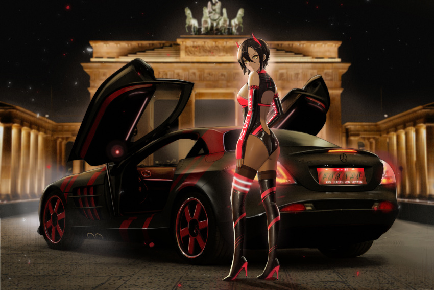 absurdres alternate_costume azur_lane back_cutout bare_shoulders berlin black_footwear black_hair black_leotard bodystocking boots brandenburg_gate breasts brown_thighhighs butterfly_doors car character_name checkered_gloves closed_mouth clothes_writing clothing_cutout commentary copyright_name country_connection elbow_gloves female full_body germany gloves glowing_legwear hair_between_eyes hand_on_own_thigh high_heel_boots high_heels highres horns kcar66t leotard license_plate looking_at_viewer looking_back mechanical_horns median_furrow medium_breasts mercedes-benz mercedes-benz_slr_mclaren motor_vehicle night night_sky outdoors product_placement race_queen real_world_location red_nails shadow shiny_clothes short_hair sky slit_pupils sports_car standing star_(sky) starry_sky stomach_cutout tail_lights taut_leotard text_print thigh_boots thighhighs thighhighs_under_boots turtleneck turtleneck_leotard two-tone_footwear two-tone_gloves two-tone_leotard ulrich_von_hutten_(azur_lane) yellow_eyes