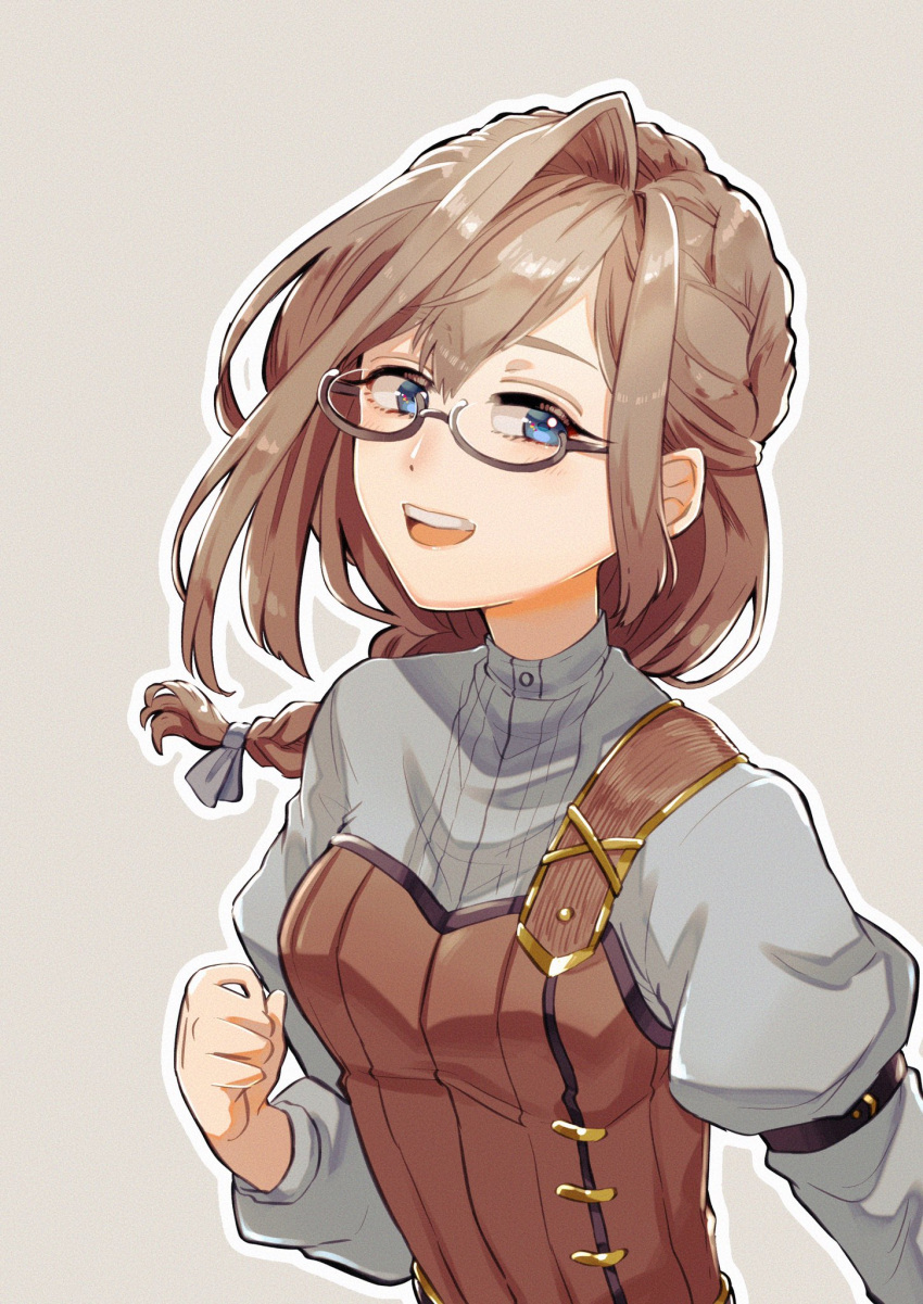 :d arm_belt blue_eyes braid brown_hair dot_nose female glasses granblue_fantasy grey-framed_eyewear grey_background grey_shirt gwynne_(granblue_fantasy) hand_up highres juliet_sleeves long_sleeves looking_at_viewer open_mouth outline peli_can_p puffy_sleeves semi-rimless_eyewear shirt simple_background smile solo teeth under-rim_eyewear upper_body upper_teeth_only white_outline