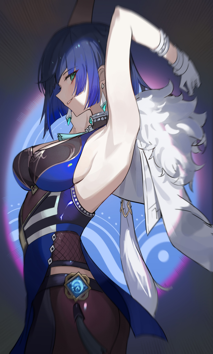 absurdres armpits bare_shoulders black_hair blue_hair bob_cut breasts diagonal_bangs earrings female fur_trim genshin_impact gloves green_eyes highres jewelry krin_(krinnin) large_breasts looking_at_viewer mole mole_on_breast multicolored_hair parted_lips short_hair sideboob smile solo tassel vision_(genshin_impact) yelan_(genshin_impact)