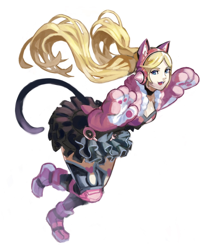 :3 animal_ear_headphones animal_ears animal_hands axent_wear black_thighhighs blonde_hair blue_eyes breasts calilo cat_ear_headphones cat_tail choker cleavage commentary english_commentary fake_animal_ears female frilled_skirt frills full_body gloves headphones highres idol knee_pads long_hair lucky_chloe medium_breasts nose paw_gloves paw_pose pink_footwear shoes skirt solo tail tekken tekken_7 thighhighs twintails very_long_hair