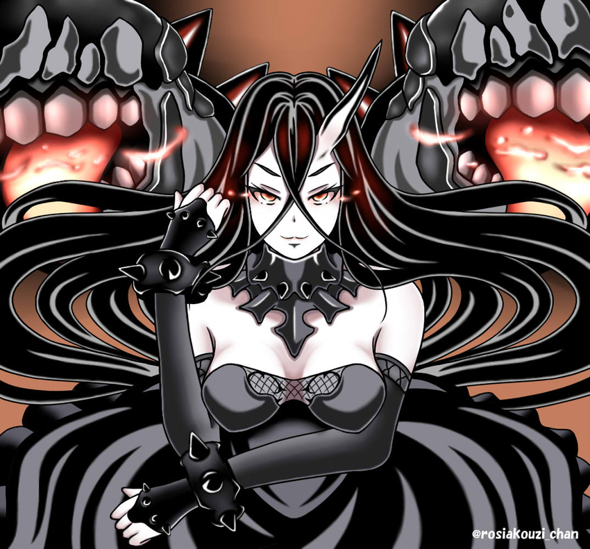 abyssal_ship battleship_water_oni black_dress black_hair bracelet breasts bridal_gauntlets cleavage collar colored_skin commentary_request dress female horns jewelry kantai_collection md5_mismatch medium_breasts orange_eyes roshiakouji-chan single_horn smile solo spiked_bracelet spikes twitter_username upper_body v-shaped_eyebrows white_skin