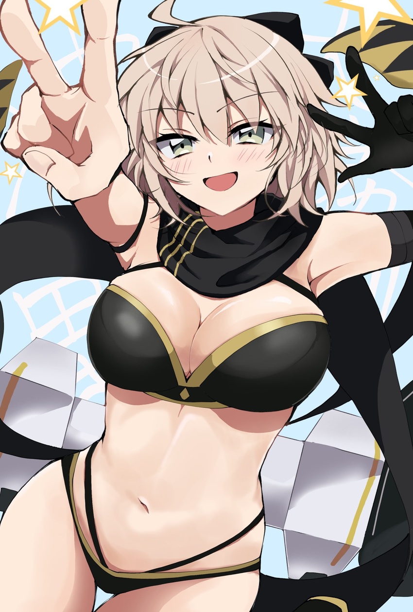 ahoge asymmetrical_gloves bare_shoulders bikini black_bikini black_bow black_gloves black_scarf blonde_hair blush bow breasts cleavage elbow_gloves fate/grand_order fate_(series) female gloves hairbow highleg highleg_bikini highres koha-ace layered_bikini looking_at_viewer navel okita_j._souji_(fate) okita_j._souji_(first_ascension)_(fate) okita_souji_(fate) scarf short_hair single_elbow_glove single_glove smile solo swimsuit thigh_strap toyosu uneven_gloves yellow_eyes