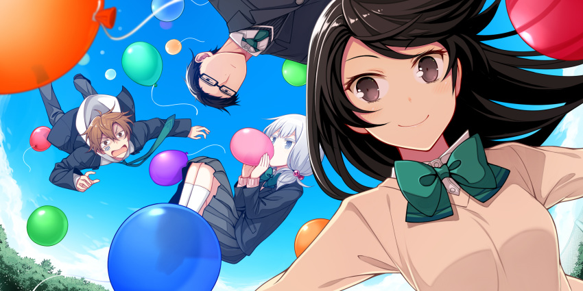 2boys 2girls balloon blazer bow bowtie brown_eyes brown_hair day falling glasses green_neckwear highres jacket kneehighs long_hair maruyama_kazuki mikuriya_kanade multiple_boys multiple_girls necktie pleated_skirt school_uniform shinozaki_himeno shinozaki_himeno_no_koigokoro_q_&_a skirt sky socks sweater tatara_makoto uruu_gekka white_legwear