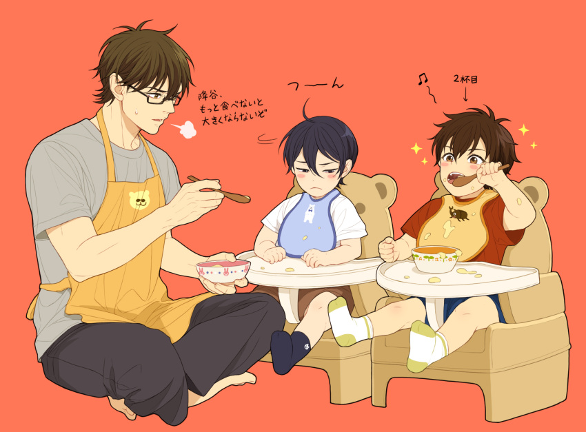 3boys ace_of_diamond apron baby barefoot bib black_hair blush bowl brown_eyes brown_hair closed_mouth eating fatherly feeding food food_on_face furuya_satoru glasses half-closed_eyes highres holding holding_spoon looking_at_another male_focus miyuki_kazuya multiple_boys open_mouth pants sawamura_eijun shirt short_hair sitting socks spoon twoframe