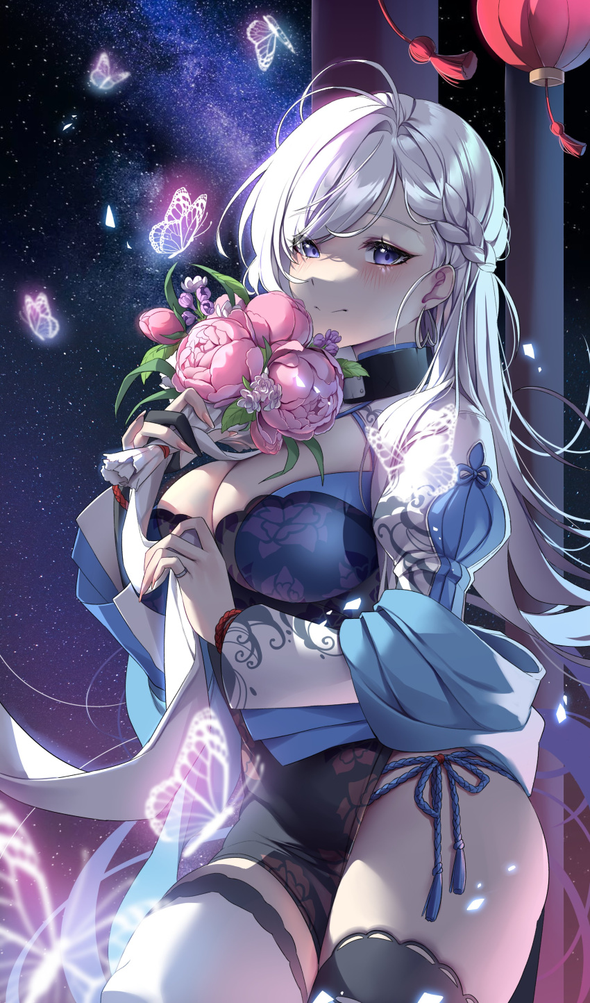 absurdres asymmetrical_legwear azur_lane bad_id bad_twitter_id belfast_(azur_lane) belfast_(iridescent_rosa)_(azur_lane) blue_dress blush bouquet braid breasts bug butterfly china_dress chinese_clothes cleavage closed_mouth collar crown_braid dress female fingernails floral_print flower hand_up highres jewelry large_breasts looking_at_viewer mismatched_legwear night night_sky official_alternate_costume outdoors pink_flower pink_nails pink_rose purple_eyes ring rose side-tie_dress side_slit skindentation sky solo star_(sky) starry_sky swept_bangs tacco_(tikeworld) tassel thighhighs thighs white_hair