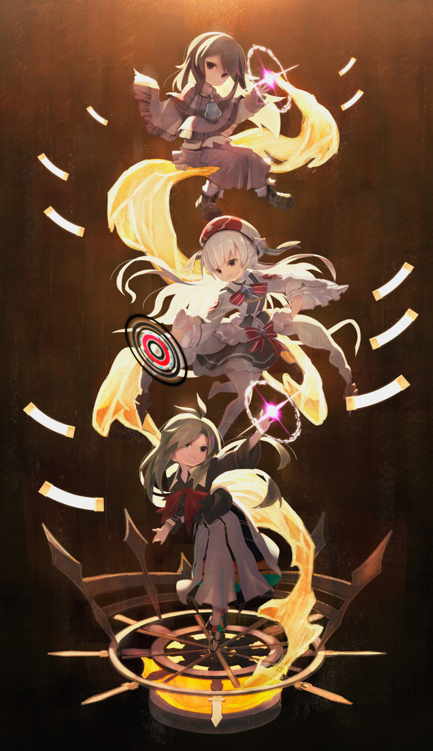 >:) 3girls anzi arcaea arm_support beret black_footwear black_shirt black_skirt boots bow brown_eyes brown_hair brown_skirt capelet character_request closed_mouth collared_shirt commentary_request crossover glowing grey_capelet grey_eyes hat highres hikari_(arcaea) lanota long_hair long_sleeves multiple_crossover multiple_girls pantyhose parted_bangs red_bow red_headwear red_neckwear shirt sitting skirt sleeves_past_wrists smile striped striped_bow tonesphere v-shaped_eyebrows very_long_hair white_hair white_legwear white_shirt white_skirt wide_sleeves