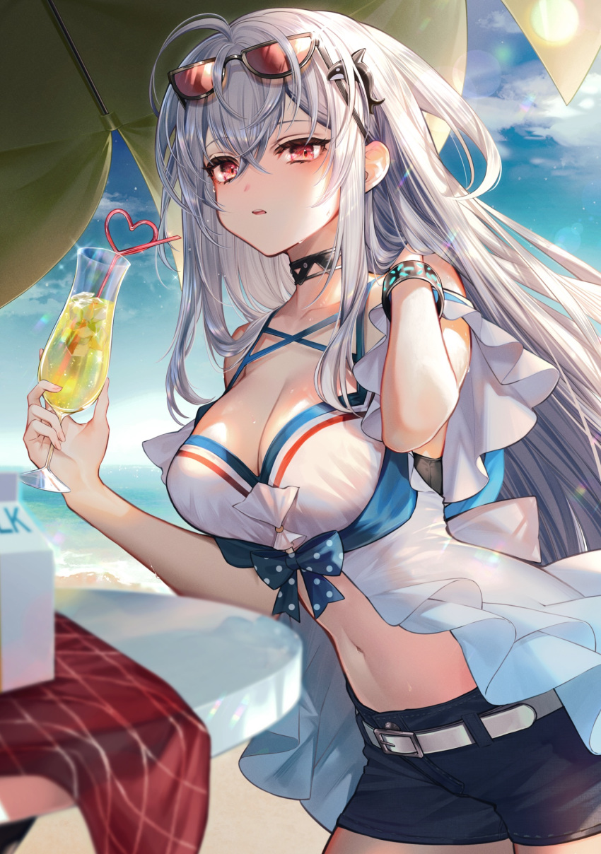 ahoge arknights bare_shoulders belt black_choker black_shorts blue_sky breasts choker cleavage commentary cowboy_shot cup day drinking_glass drinking_straw eyewear_on_head female grey_hair hair_between_eyes hair_ornament highres holding holding_cup large_breasts long_hair looking_at_viewer navel no_headwear official_alternate_costume orca_hair_ornament outdoors parted_lips red_eyes short_shorts shorts skadi_(arknights) skadi_(waverider)_(arknights) sky solo standing stomach sunglasses tarutaru_yamaoka white_belt