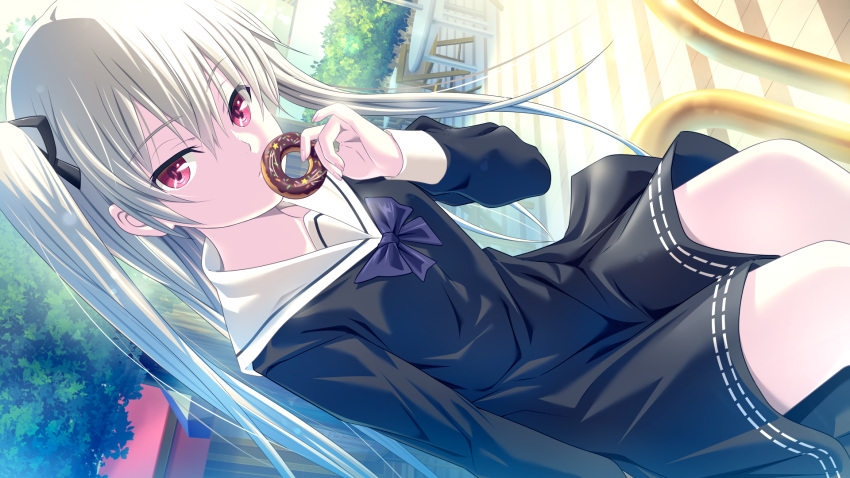 black_dress black_ribbon day doughnut dress dutch_angle female floating_hair food game_cg hair_between_eyes hair_ribbon highres holding holding_food kyokugen_chikan_tokuiten_2 liza_volkova long_hair long_sleeves looking_at_viewer m&m_(mickey_and_mackey) outdoors red_eyes ribbon sailor_collar sailor_dress short_dress sitting solo twintails very_long_hair white_hair white_sailor_collar