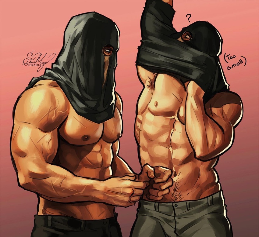 1boy ? abs armpit_hair artist_name bara black_pants blue_eyes brown_pants call_of_duty call_of_duty:_modern_warfare_2 covered_face dressing highres konig_(call_of_duty) male_focus mask multiple_views navel navel_hair nipples pants pink_background simple_background topless_male veins veiny_arms veradia