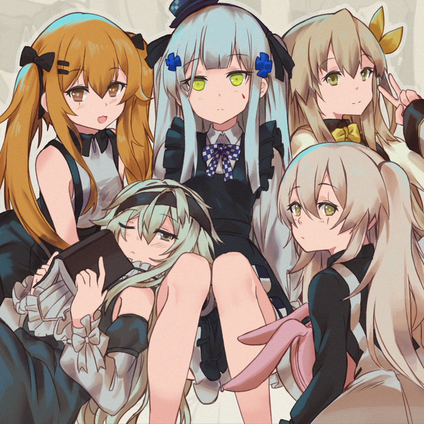 404_(girls'_frontline) 5girls aged_down book bow bowtie feet_out_of_frame g11_(girls'_frontline) g11_(the_rex_rabbit_in_search_of_courage)_(girls'_frontline) girls'_frontline hat highres hk416_(black_kitty's_gift)_(girls'_frontline) hk416_(girls'_frontline) long_hair mini_hat multiple_girls official_alternate_costume persocon93 scar scar_across_eye scar_on_face side_ponytail stuffed_animal stuffed_rabbit stuffed_toy twintails ump40_(girls'_frontline) ump40_(the_wish-preserving_witch_of_shadows)_(girls'_frontline) ump45_(agent_lop_rabbit)_(girls'_frontline) ump45_(girls'_frontline) ump9_(girls'_frontline) ump9_(shiba_investigator)_(girls'_frontline)