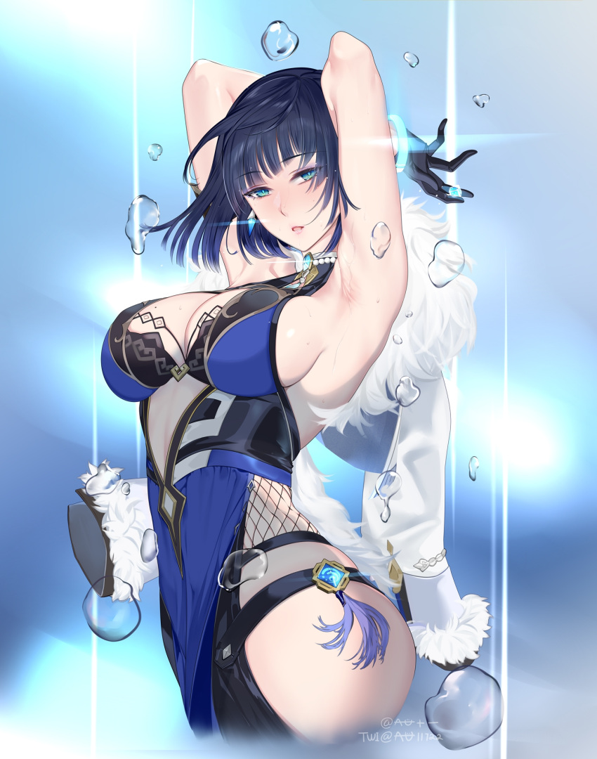 armpits ass au11 black_gloves black_hair blue_eyes breasts bubble cleavage collar dress female from_side genshin_impact gloves highres large_breasts looking_at_viewer short_hair side_slit solo underwater yelan_(genshin_impact)