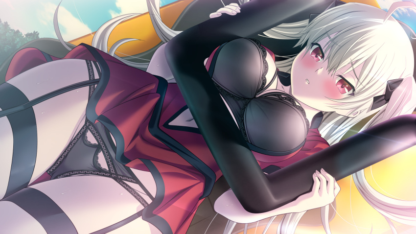 ahoge black_bra black_panties black_ribbon blush bra breasts cleavage cowboy_shot day dutch_angle female floating_hair game_cg garter_belt hair_between_eyes hair_ribbon highres kyokugen_chikan_tokuiten_2 liza_volkova long_hair m&m_(mickey_and_mackey) medium_breasts navel open_clothes open_shirt outdoors panties parted_lips red_eyes red_shirt ribbon shirt short_sleeves solo thighhighs twintails underwear very_long_hair white_hair white_thighhighs