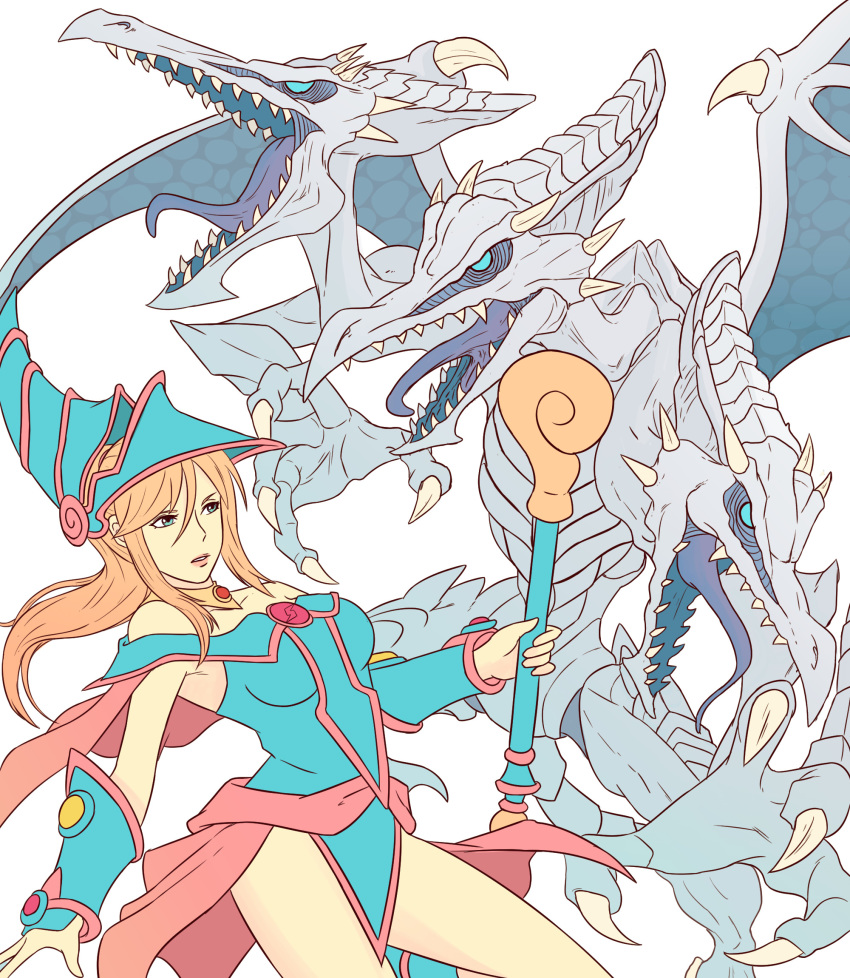 bare_shoulders blonde_hair blue-eyes_white_dragon blue_eyes blue_headwear bracer cosplay crossover dark_magician_girl dark_magician_girl_(cosplay) female highres jewelry metroid multiple_heads necklace ridley samus_aran staff super_metroid super_smash_bros. thighs truejekart white_skin yuu-gi-ou