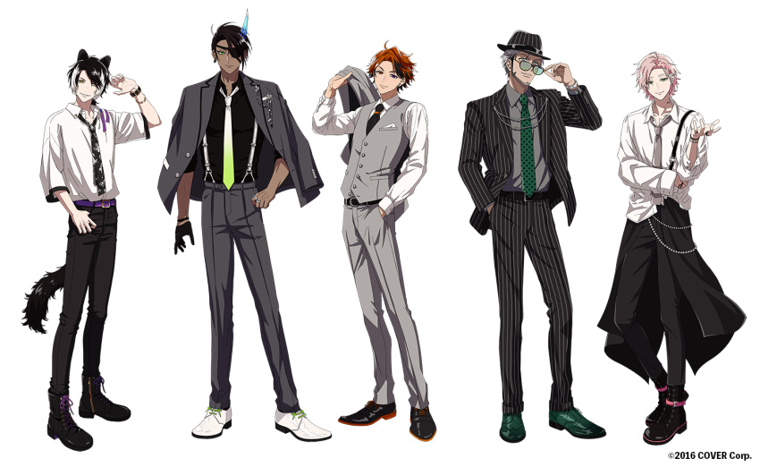 5boys adjusting_eyewear ahoge alternate_costume alternate_hairstyle animal_ears ankle_belt ankle_boots aragami_oga arurandeisu barcode barcode_tattoo beard belt black_belt black_footwear black_gloves black_hair black_necktie black_pants black_shirt boots bracelet collarbone commentary contrapposto copyright_notice curtained_hair dark-skinned_male dark_skin ear_piercing earrings eyepatch facial_hair fedora formal full_body gloves gradient_clothes gradient_necktie green_eyes green_footwear green_necktie grey_hair grey_pants grey_shirt grey_vest hand_in_pocket hand_on_eyewear hand_on_own_hip hand_up hat heterochromia holostars horns ice_horns jackal_boy jackal_ears jackal_tail jacket jacket_on_shoulders jacket_over_shoulder jewelry kageyama_shien lapel_pin legs_apart long_sleeves looking_at_viewer low_ponytail male_focus marutiyo mole mole_under_eye multicolored_hair multiple_boys necktie official_art open_collar orange_eyes orange_hair overskirt oxfords pants parted_bangs parted_lips piercing pink_hair pocket_square polka_dot_necktie purple_belt purple_eyes purple_ribbon ribbon rikka_(holostars) ring serious shirt shirt_partially_tucked_in short_hair single_earring single_glove single_horn sleeves_past_elbows sleeves_past_wrists sleeves_rolled_up smile standing streaked_hair striped_clothes striped_headwear striped_suit suit suspenders swept_bangs tattoo tinted_eyewear two-tone_hair unworn_jacket v-shaped_eyebrows vest virtual_youtuber waist_cape watch white_background white_footwear white_hair white_shirt wristwatch yellow_eyes yukoku_roberu