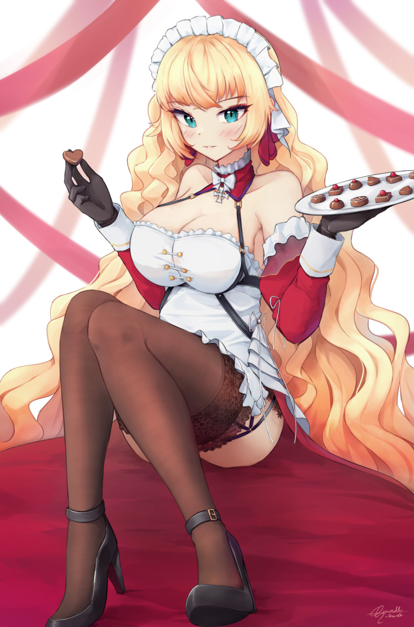 azur_lane black_footwear black_garter_straps black_gloves blonde_hair breasts brown_thighhighs candy chocolate cleavage d.birb detached_collar detached_sleeves dress female food garter_straps gloves green_eyes heart heart-shaped_chocolate high_heels highres holding holding_tray howe_(azur_lane) howe_(pastry_princess)_(azur_lane) lace-trimmed_legwear lace_trim large_breasts long_hair looking_at_viewer maid_headdress official_alternate_costume red_ribbon red_sleeves ribbon shoes signature sitting solo thighhighs tray very_long_hair white_dress