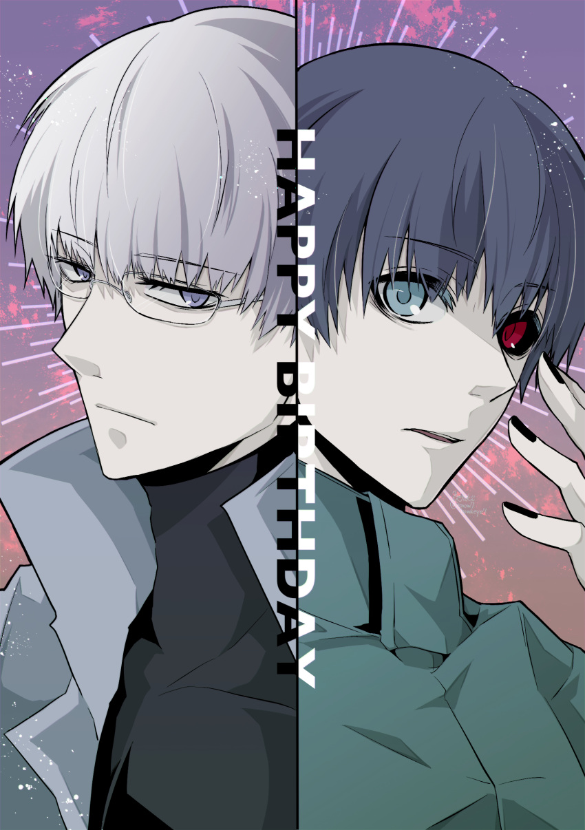 2boys absurdres arima_kishou black_hair black_nails black_reaper black_sclera blue_eyes colored_sclera covered_collarbone glasses grey_eyes grey_hair grey_jacket hand_up happy_birthday heterochromia highres jacket kaneki_ken kyoya_(0o-7snow7-o0) looking_at_viewer male_focus multicolored_background multiple_boys parted_lips portrait red_eyes short_hair tokyo_ghoul tokyo_ghoul:re