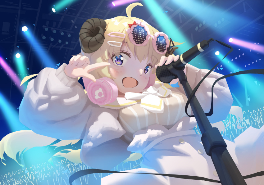 absurdres ahoge animal_ears aran_sweater blonde_hair breasts cable_knit concert curled_horns dress eyewear_on_head female fur-trimmed_dress fur_trim glowstick hair_ornament hairclip headphones headphones_around_neck highres hololive horns juu_p medium_breasts microphone music official_alternate_costume official_alternate_hair_length official_alternate_hairstyle pinstripe_dress pinstripe_pattern purple_eyes sheep_ears sheep_girl sheep_horns singing solo striped sunglasses sweater truss tsunomaki_watame tsunomaki_watame_(street_casual) vertical_stripes virtual_youtuber