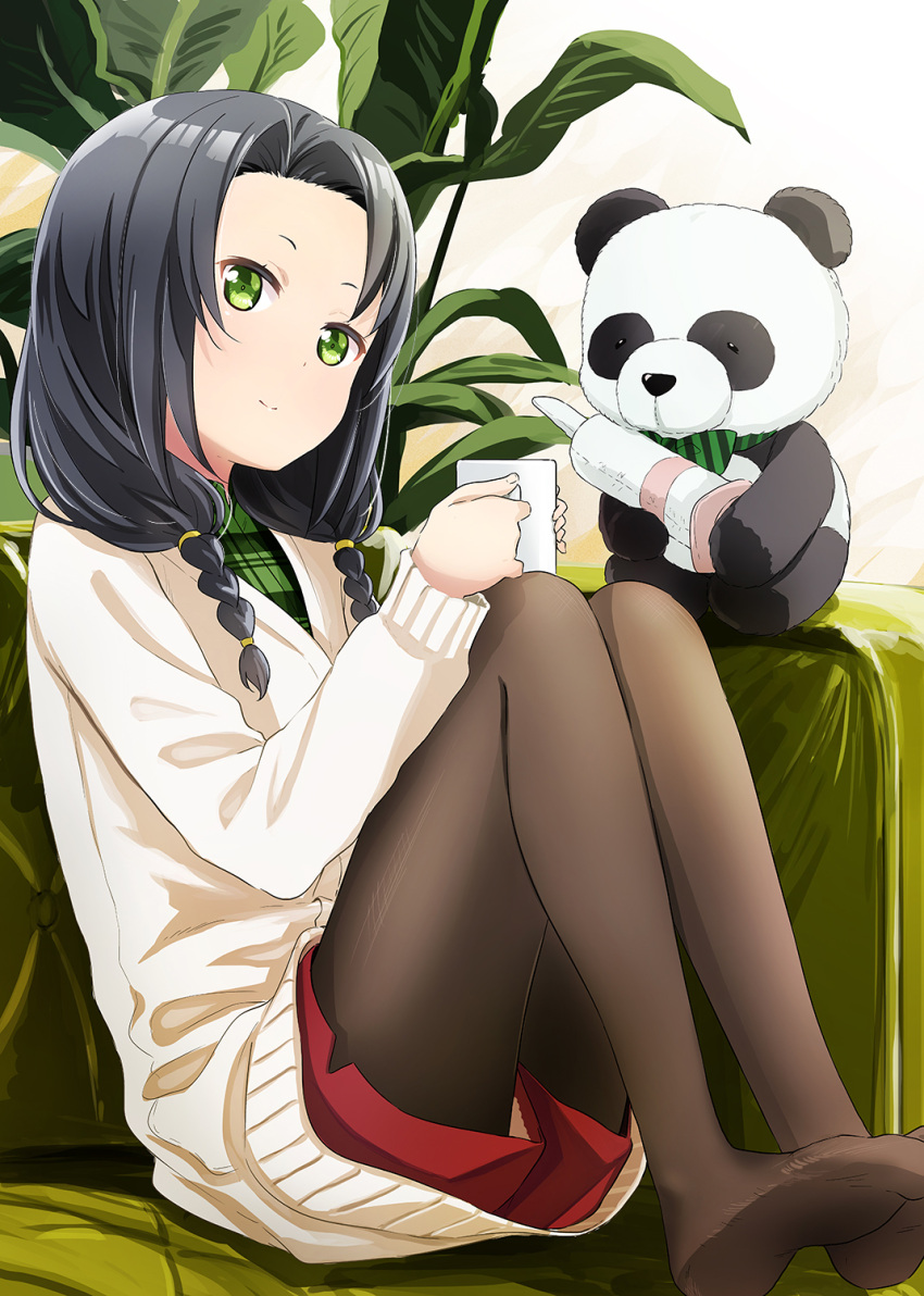 abe_kanari black_hair braid brown_pantyhose closed_mouth commentary_request couch cup female forehead green_eyes green_shirt hair_over_shoulder high_school_fleet highres holding jacket kaburagi_minami knees_up long_hair long_sleeves looking_at_viewer low_twintails mug no_shoes on_couch pantyhose pantyhose_under_shorts parted_bangs plaid plaid_shirt plant red_shorts shirt short_shorts shorts sitting smile soles solo stuffed_animal stuffed_panda stuffed_toy twin_braids twintails white_jacket