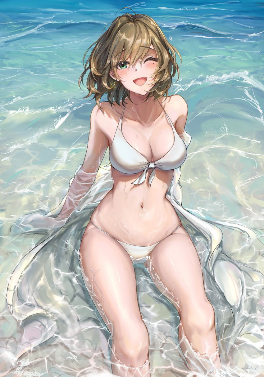 ;d arm_support bikini blush bob_cut breasts cleavage collarbone female front-tie_bikini_top front-tie_top green_hair highres idolmaster idolmaster_cinderella_girls looking_at_viewer medium_breasts mole mole_under_eye navel nyome991 one_eye_closed sitting sitting_on_water skindentation smile solo swimsuit takagaki_kaede waves wet_jacket white_bikini