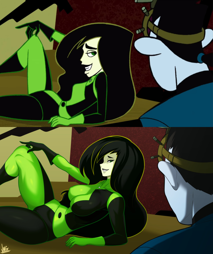 1boy absurdres asymmetrical_gloves black_bodysuit black_hair black_lips blue_skin bodysuit breasts cleavage colored_skin derivative_work dr._drakken feet_out_of_frame female gloves green_bodysuit green_skin highres impossible_bodysuit impossible_clothes jmg kim_possible_(series) long_hair mismatched_gloves multicolored_bodysuit multicolored_clothes parted_lips profile reference_inset screenshot_redraw shego skin_tight smile solo_focus