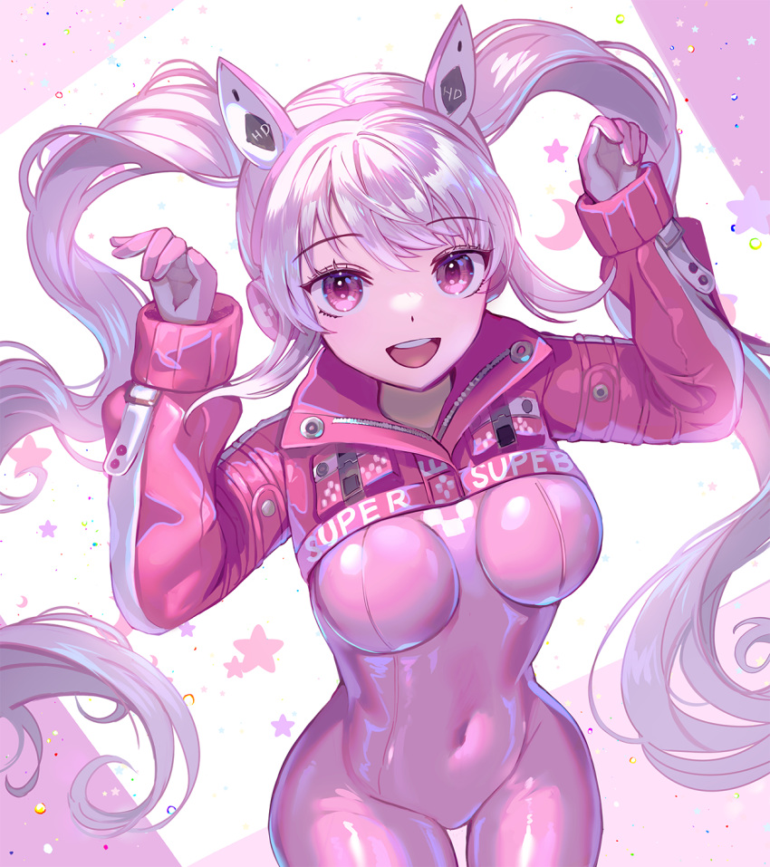 alice_(nikke) animal_ear_headphones animal_ears bodysuit breasts clothes_writing covered_navel cropped_jacket fake_animal_ears female gloves goddess_of_victory:_nikke headphones highres impossible_bodysuit impossible_clothes jacket kozou_kazaru long_hair looking_at_viewer medium_breasts pink_bodysuit pink_eyes pink_gloves pink_hair puffy_sleeves rabbit_pose red_jacket sidelocks skin_tight sleeves_past_wrists smile solo star_(symbol) teeth thigh_gap twintails two-tone_gloves upper_teeth_only white_gloves wide_hips