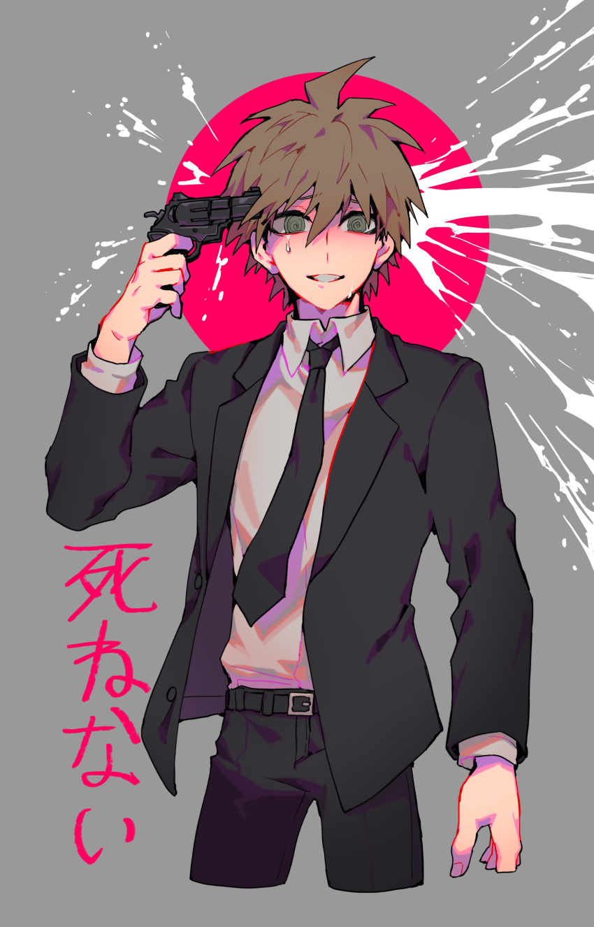 1boy absurdres ahoge arm_at_side belt black_belt black_jacket black_necktie black_pants blood brown_eyes brown_hair crazy_eyes cropped_legs danganronpa:_trigger_happy_havoc danganronpa_(series) finger_on_trigger formal grey_background grey_shirt gun gun_to_head hand_up highres holding holding_gun holding_weapon jacket korean_commentary looking_at_viewer male_focus naegi_makoto necktie official_alternate_costume open_clothes open_jacket pants red_background shirt short_hair sin11111 solo translated upper_body weapon white_blood