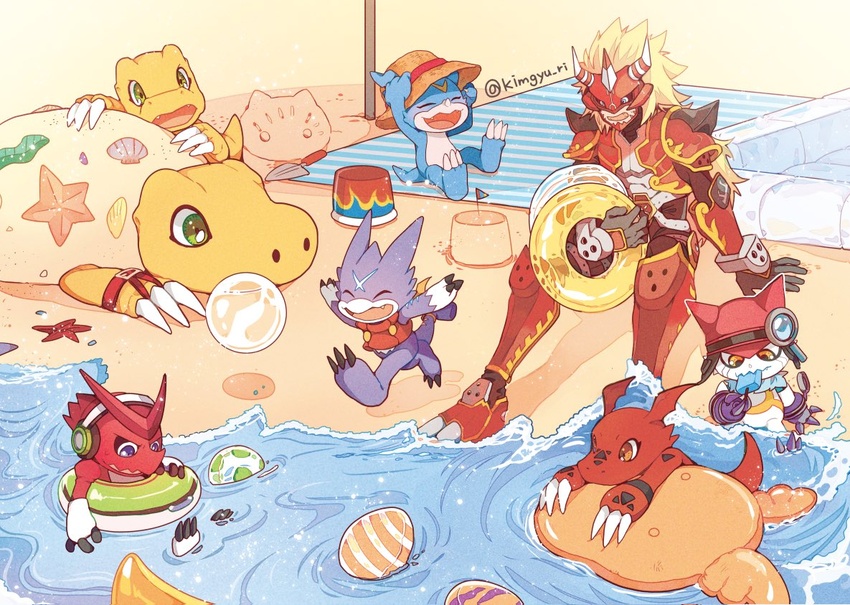 1boy agnimon agumon agumon_(digimon_savers) armor ball beach blue_eyes brown_eyes claws commentary_request digimon digimon_(creature) digimon_adventure digimon_adventure_02 digimon_frontier digimon_savers digimon_tamers digimon_universe:_appli_monsters digimon_xros_wars digimon_xros_wars:_toki_wo_kakeru_shounen_hunter-tachi digital_hazard fangs food gatchmon guilmon gumdramon happy holding holding_food horned_mask ice innertube kim_gyuri knees_up korean_commentary long_hair looking_at_another male_focus mask oerba_yun_fang open_mouth running sand seashell shell shoutmon sitting smile swim_ring twitter_username v-mon water