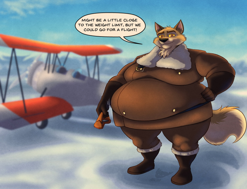 2022 absurd_res aircraft airplane anthro anthrofied balto balto_(series) basicbiscuit belly belt big_belly blurred_background boots brown_body brown_eyes brown_fur canid canine canis clothing dialogue english_text eyewear footwear fur gloves goggles grey_body grey_fur hand_on_hip handwear hi_res hybrid male mammal morbidly_obese mountain obese overweight pilot pilot_uniform snow solo speech_bubble text tight_clothing universal_studios vehicle wolfdog yellow_sclera