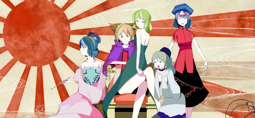 5girls adapted_costume backless_outfit blue_dress blue_eyes blue_hair brown_eyes brown_hair cape commentary_request dress green_dress green_eyes green_hair grey_eyes grey_hair gyuunyuu_(cat-on-moon) hat highres jiangshi kaku_seiga kiseru miyako_yoshika mononobe_no_futo multiple_girls ofuda smoking smoking_pipe soga_no_tojiko sun_symbol sunburst sunburst_background throne touhou toyosatomimi_no_miko