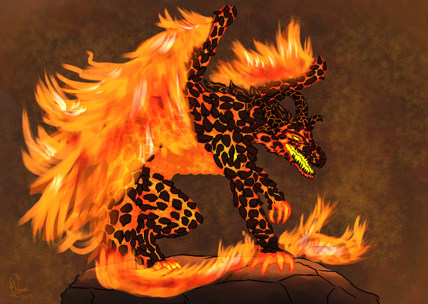 absurd_res concept_art dragon elemental_creature elemental_dragon female feral fire flaming_tail forked_tail hi_res lava mythological_creature mythological_scalie mythology raltria rock scalie secrets_of_uncrom solo tail uncrom unusual_anatomy unusual_tail visha wings yenocwolf