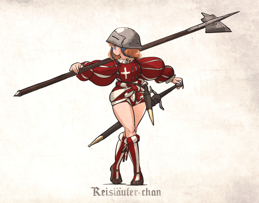 absurdres armor blonde_hair blue_eyes coif cross dagger female halberd helmet highres holding holding_polearm holding_weapon ironlily knife long_sleeves long_sword mercenary original polearm puffy_long_sleeves puffy_sleeves reislaeufer_(ironlily) sallet sheath sword thighs weapon