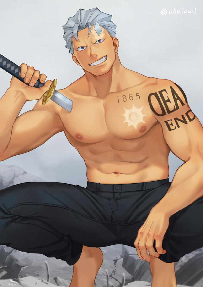 1boy abs andy_(undead_unluck) bara barefoot black_pants grey_hair highres holding holding_sword holding_weapon large_pectorals male_focus muscular muscular_male navel nipples pants pectorals short_hair smile solo squatting sword teeth topless_male uhai undead_unluck weapon