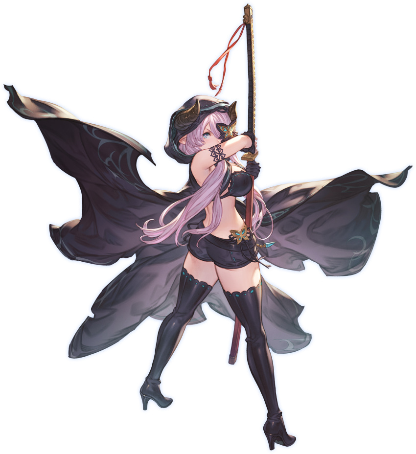 ass back black_cloak black_footwear black_shorts black_thighhighs blue_eyes breasts cloak draph female from_behind granblue_fantasy granblue_fantasy_versus:_rising high_heels highres holding holding_sword holding_weapon horns large_breasts long_hair looking_at_viewer minaba_hideo narmaya_(granblue_fantasy) narmaya_(the_black_butterfly)_(granblue_fantasy) official_alternate_costume official_art pink_hair short_shorts shorts solo sword thighhighs transparent_background weapon