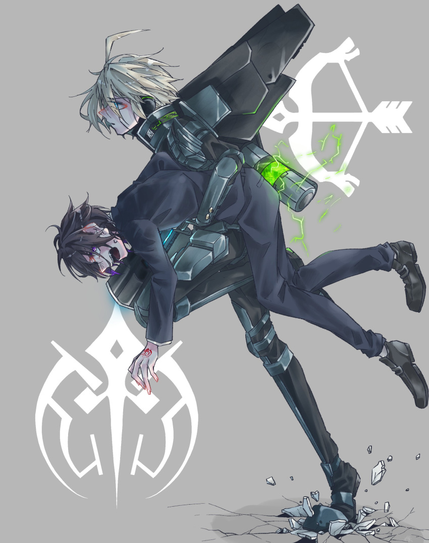 2boys absurdres ahoge android arrow_print bin_ta_roji_ka black_footwear black_hair black_jacket black_pants bow_print commentary_request danganronpa_(series) danganronpa_v3:_killing_harmony from_side full_body grey_background grey_hair hand_tattoo highres holding_person jacket k1-b0 leg_up long_sleeves male_focus multiple_boys pants saihara_shuichi shoes short_hair tattoo