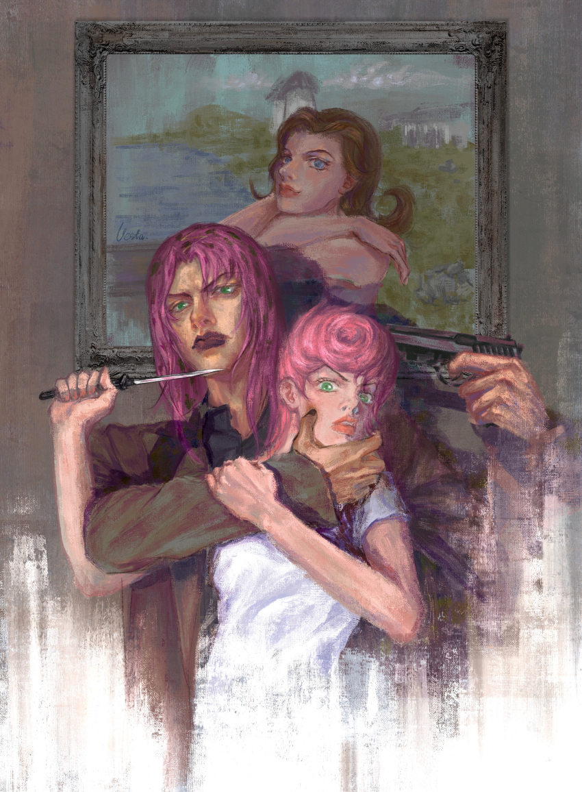 1boy 2girls absurdres at_gunpoint at_knifepoint blade_to_throat brown_hair commentary diavolo donatella_una dress english_commentary face_grab family father_and_daughter formal green_eyes gun_to_head highres jojo_no_kimyou_na_bouken long_hair mexican_standoff multiple_girls pink_hair short_hair suit trish_una vento_aureo vesta_zc